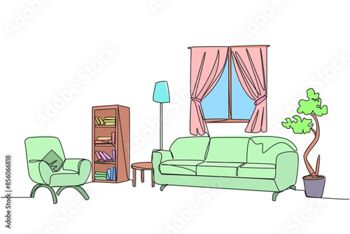 Single one line drawing stylish room with full furniture modern. Furniture showroom with Scandinavian interior design. Open windows with natural lighting. Continuous line design graphic illustration