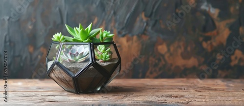 Handmade geometric terrarium  succulentus placed on wooden table. with copy space image. Place for adding text or design photo