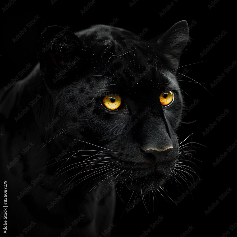 A close-up of a sinister black panther with piercing yellow eyes staring intently A close-up of a sinister black panther with piercing yellow eyes staring intently