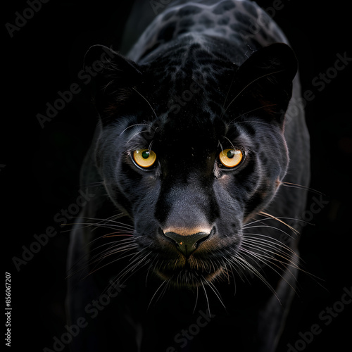 A close-up of a sinister black panther with piercing yellow eyes staring intently