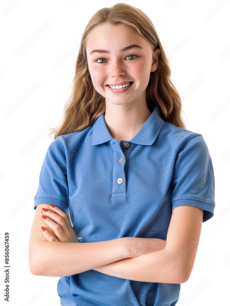 Smiling young Caucasian girl wearing a blue polo shirt, arms crossed, posing confidently against a transparent background. Smiling young Caucasian girl wearing a blue polo shirt, arms crossed, posing confidently against a transparent background.