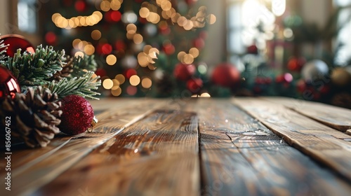 Holidaythemed image of an empty wooden table against a backdrop of Christmas decorations. photo