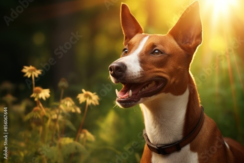 Portrait of a happy basenji dog while standing against vibrant beach sunset background