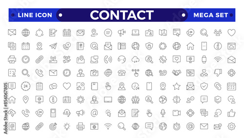 Contact outline Icons.Contact symbols - Phone, mail, fax, info, e-mail, support.Containing e-mail, phone, address, customer service, call, website and more.