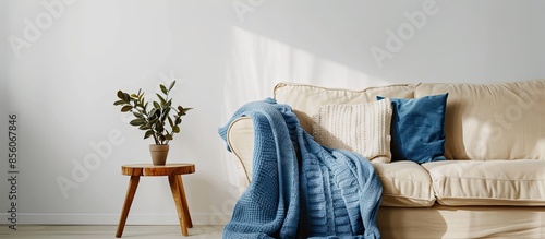 Beige sofa with a blue blan...