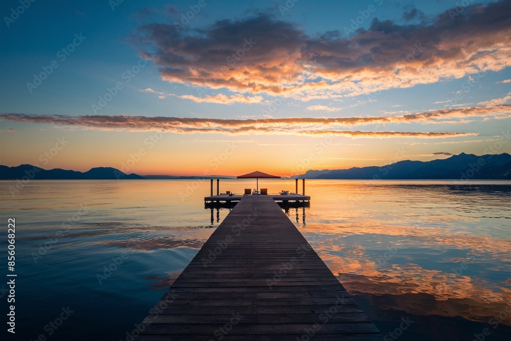 Obraz premium A wooden dock extends out into a calm lake, with a beautiful sunset over the water.
