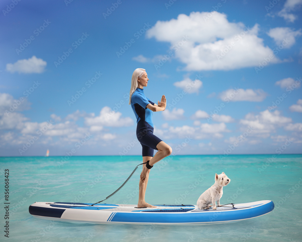 Full length profile shot of a woman with a dog exercising yoga on a SUP board Full length profile shot of a woman with a dog exercising yoga on a SUP board