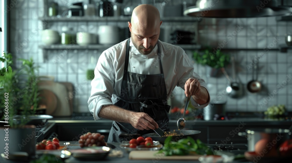 Professional Chef Garnishing Dish with Precision in a Modern Kitchen Professional Chef Garnishing Dish with Precision in a Modern Kitchen