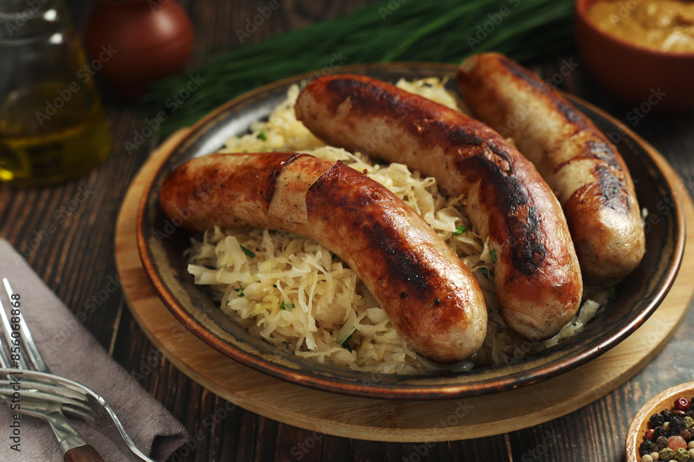 A bowl with Bratwurst and Sauerkraut as side dish - traditional German food A bowl with Bratwurst and Sauerkraut as side dish - traditional German food