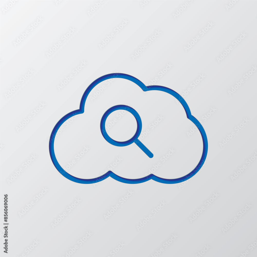 Magnifier, cloud simple icon vector. Flat design. Paper cut design. Cutted blue symbol with shadow. Gray background Magnifier, cloud simple icon vector. Flat design. Paper cut design. Cutted blue symbol with shadow. Gray background