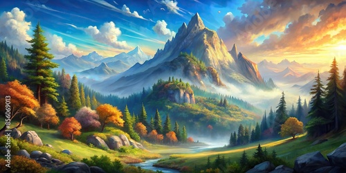 A beautiful landscape painting on the side of a mountain , art, painting, landscape, nature, mountain, creativity photo