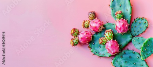 Prickly pear cactus with five fruits on it pastel background. with copy space image. Place for adding text or design photo