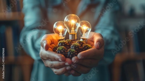 A person is holding three light bulbs in their hands © ART IS AN EXPLOSION.