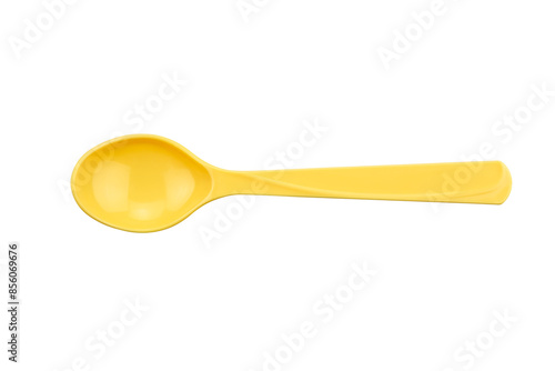 Yellow plastic spoon isolated on white isolated background with clipping path.
