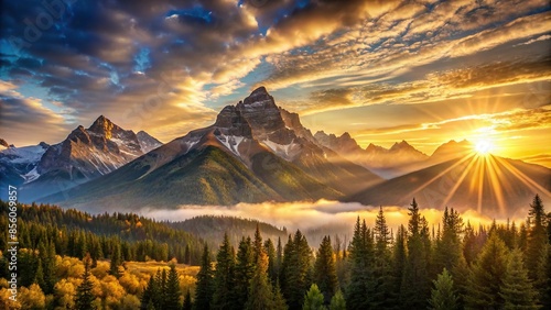 Sunrise casting a golden glow over the majestic mountains , sunrise, mountains, sunlight, morning, golden, rays, landscape, nature photo
