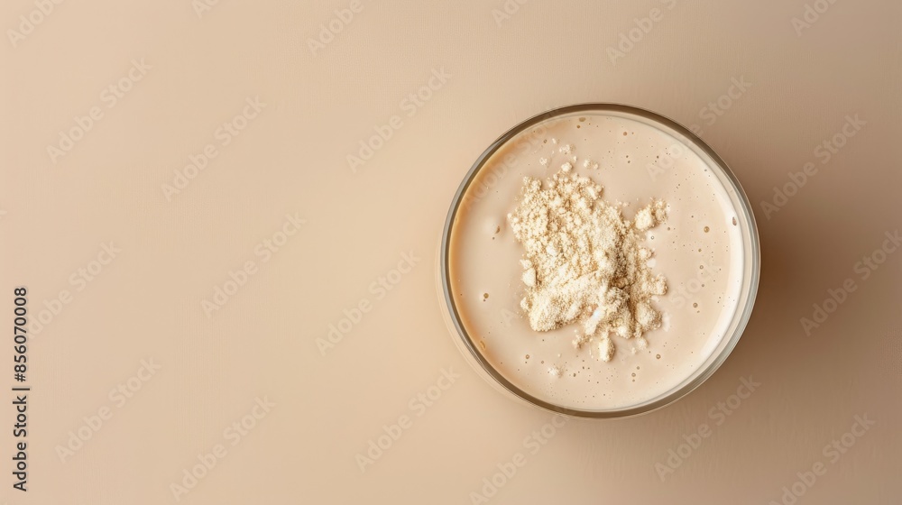 Collagen protein powder mixed in water for skin and bone health on beige background Ample room for text Collagen protein powder mixed in water for skin and bone health on beige background Ample room for text