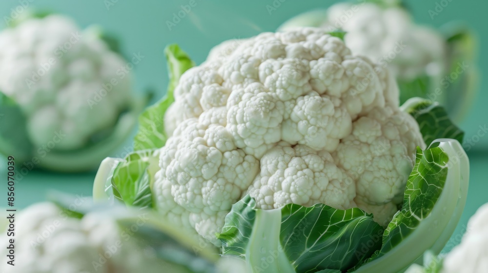 Close-up of fresh cauliflower with green leaves, healthy organic vegetable concept Close-up of fresh cauliflower with green leaves, healthy organic vegetable concept