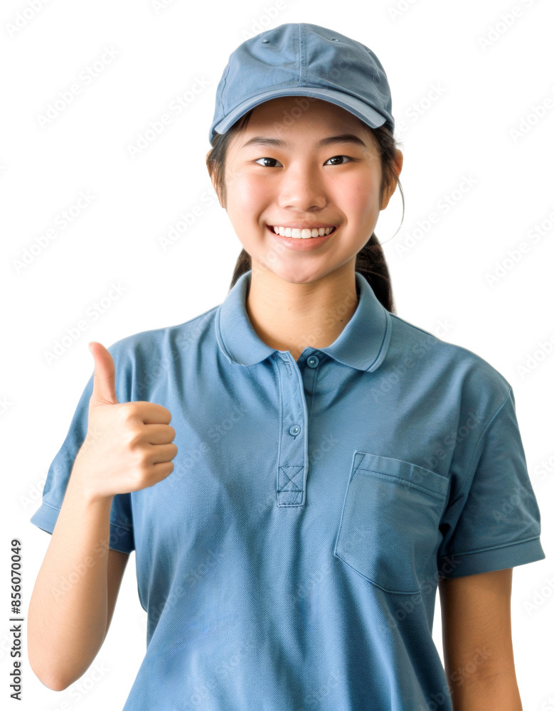 Smiling Asian teenage girl wearing a blue polo shirt and cap, giving thumbs up, posing confidently against a transparent background. Smiling Asian teenage girl wearing a blue polo shirt and cap, giving thumbs up, posing confidently against a transparent background.