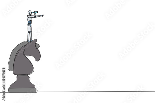 Single continuous line drawing robotic smart technology on top of big horse chess piece using monocular looking for success, opportunities, future business trend. One line design vector illustration