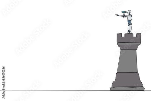 Continuous one line drawing robot future tech on top of big rook chess piece using monocular looking for success, opportunities, future business trends. Single line draw design vector illustration
