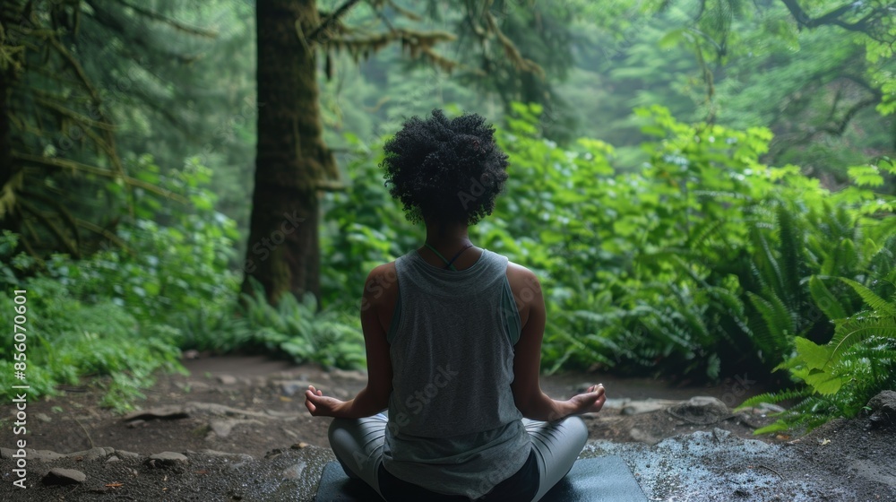 A woman practicing mindfulness and meditation in a tranquil forest. A woman practicing mindfulness and meditation in a tranquil forest.