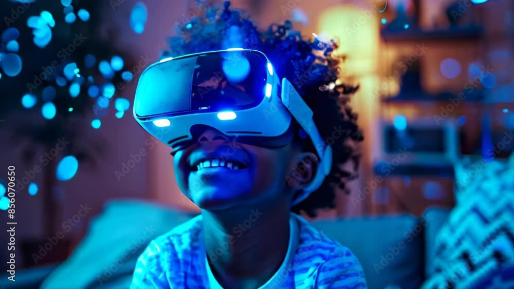 Young boy in glasses of virtual reality on dark magic universe background. Youngster using VR helmet while touching air in colorful neon lights. Augmented reality, future technology concept. Young boy in glasses of virtual reality on dark magic universe background. Youngster using VR helmet while touching air in colorful neon lights. Augmented reality, future technology concept.