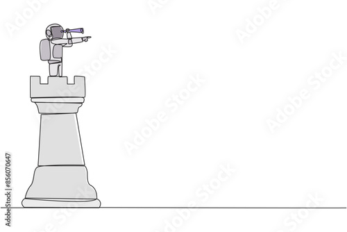 Single one line drawing young energetic astronaut on top of big rook chess piece using monocular looking for success, opportunities, future business trends. Continuous line design graphic illustration