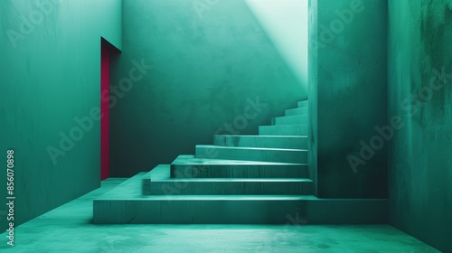 A green room with a red door and a staircase