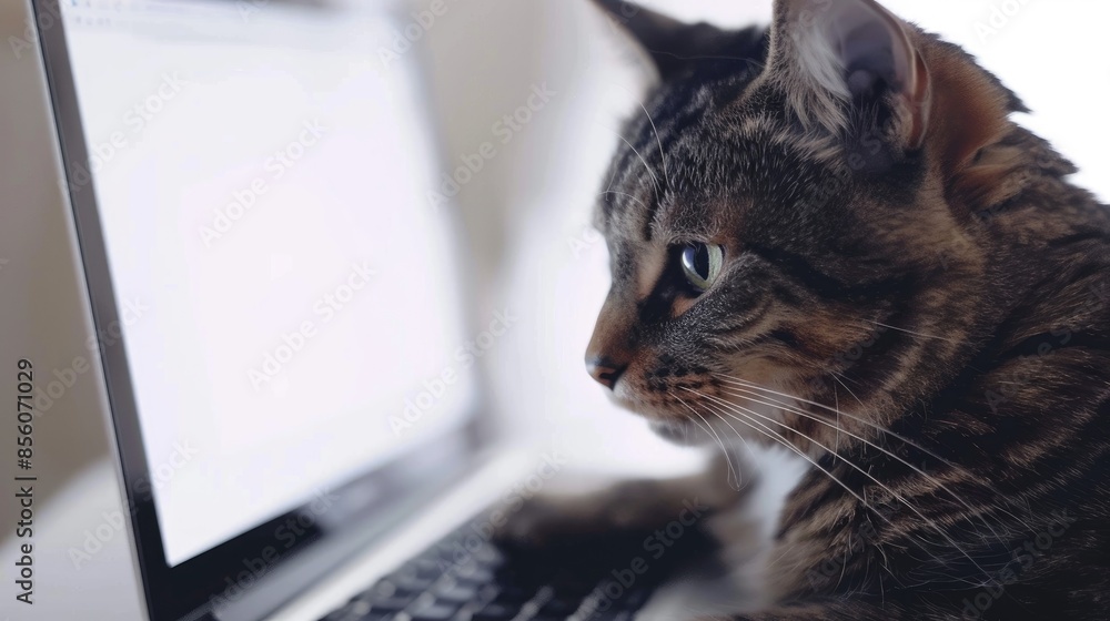 Cat and laptop in close up on white background with room for text Cat and laptop in close up on white background with room for text