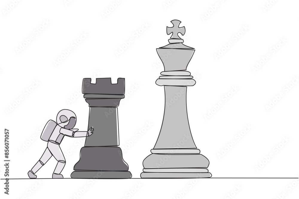 Continuous one line drawing young energetic astronaut push huge rook chess piece. Business strategy and marketing plan. Strategic move in business concept. Single line draw design vector illustration Continuous one line drawing young energetic astronaut push huge rook chess piece. Business strategy and marketing plan. Strategic move in business concept. Single line draw design vector illustration
