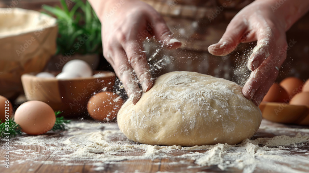 Baker Shaping Dough with Floury Hands on table Baker Shaping Dough with Floury Hands on table