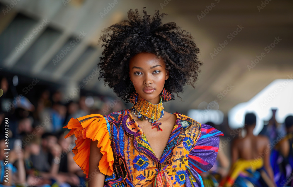 An energetic moment on the runway as a model showcases a vibrant and colorful outfit. The dynamic movement and bold design capture the audience's attention, making it a standout piece in the fashion An energetic moment on the runway as a model showcases a vibrant and colorful outfit. The dynamic movement and bold design capture the audience's attention, making it a standout piece in the fashion