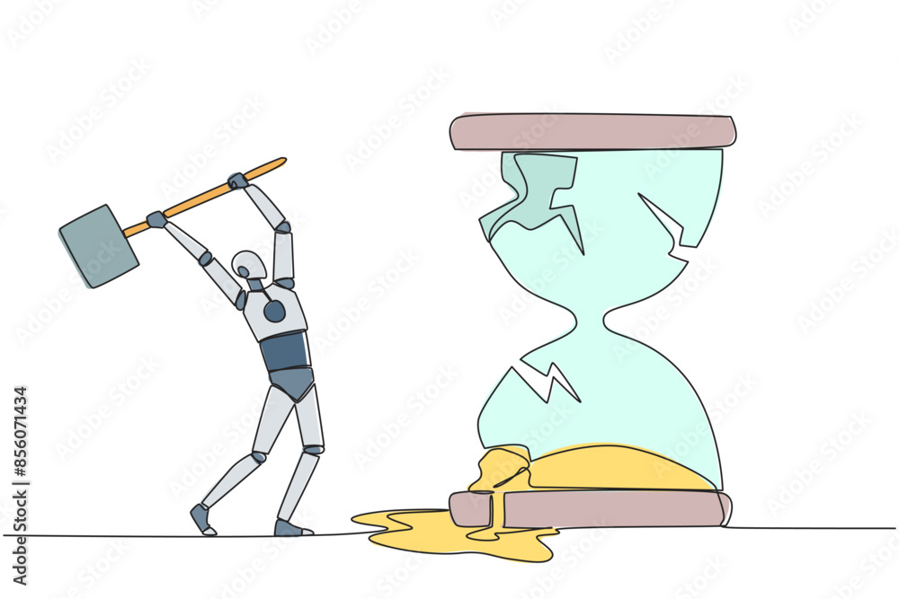 Continuous one line drawing robot preparing to hit the big hourglass ...