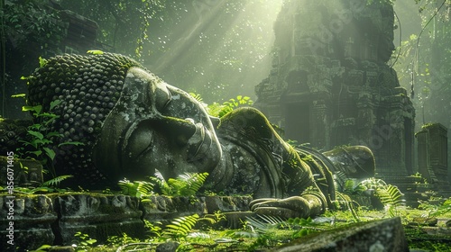 Giant buddha statue in ruin of ancient temple in deep tropical rainforest.