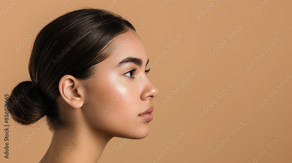 Side profile of a woman with clean, clear skin and a neutral facial expression, against a beige background Side profile of a woman with clean, clear skin and a neutral facial expression, against a beige background