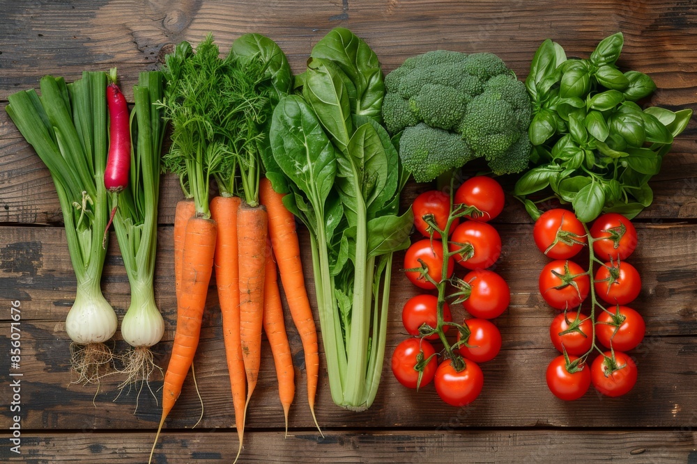 Fresh organic vegetables on rustic wooden background Fresh organic vegetables on rustic wooden background