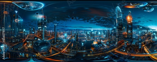 Epic 360degree Cyberpunk panorama with futuristic Night City skyline and Tronlike ambiance in HDRI format.