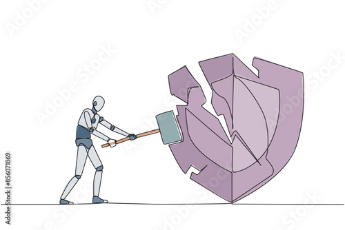 Single one line drawing smart robot preparing to hit big shield. Rampage. System is undermined by business competitors. Unfair competition. Virus attack. Continuous line design graphic illustration