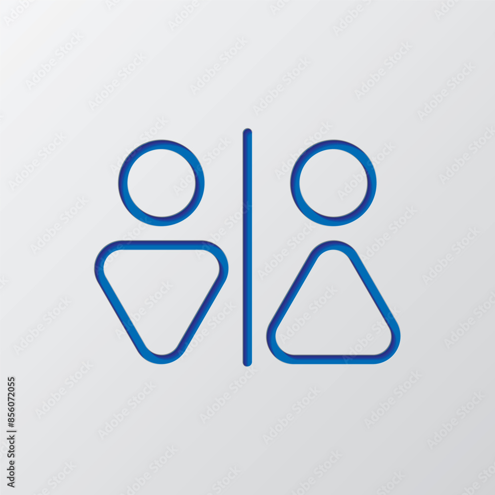 Man, woman, wc simple icon vector. Flat design. Paper cut design. Cutted blue symbol with shadow. Gray background Man, woman, wc simple icon vector. Flat design. Paper cut design. Cutted blue symbol with shadow. Gray background