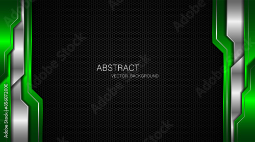 Abstract green and silver polygons on dark steel mesh background. with free space for design. modern technology innovation concept background