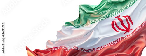 Waving Iranian flag featuring green, white, and red stripes with emblem, against a transparent background.