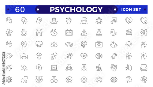 Psychology and mental line icons collection. Big UI icon set in a flat design.Set of positive thinking icon. It contains self-care, optimism, love, a healthy lifestyle, and happiness Outline icon set.
