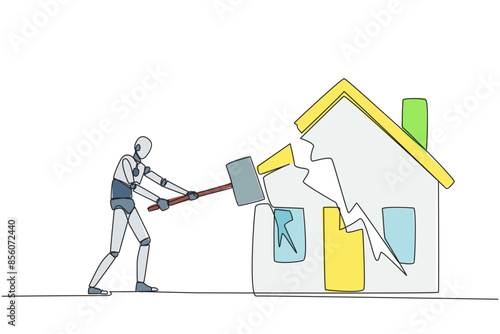 Continuous one line drawing smart robotic preparing to hit the miniature house. Metaphor of house as collateral for payment. Fails. Home is gone. Bankrupt. Single line draw design vector illustration