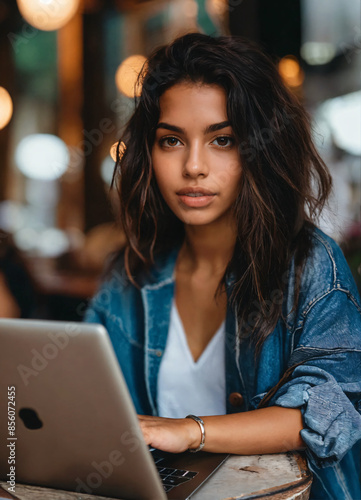 Photo of an elegant Brazilian brunette girl in a cafe using laptop