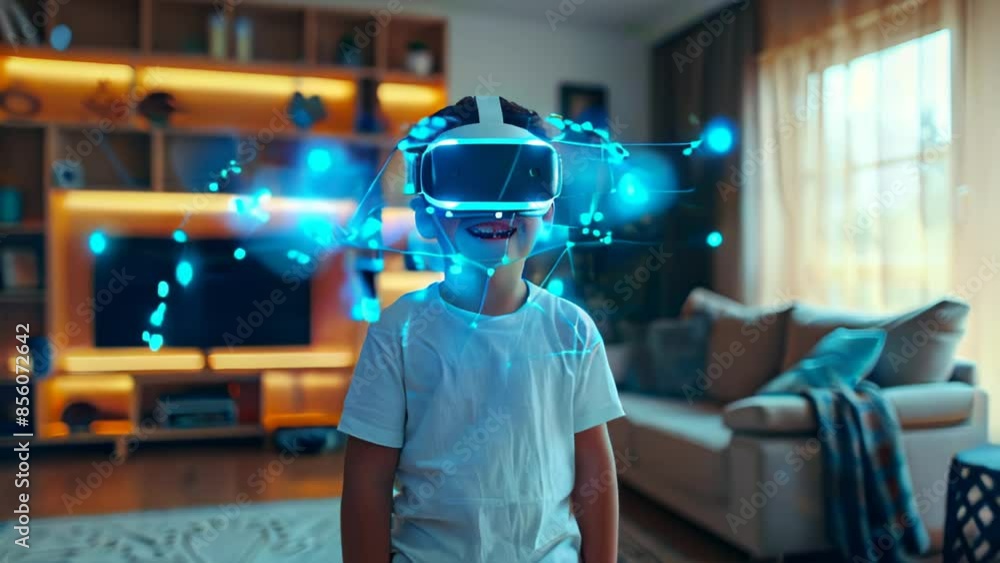 Young boy in glasses of virtual reality on dark magic universe background. Youngster using VR helmet while touching air in colorful neon lights. Augmented reality, future technology concept. Young boy in glasses of virtual reality on dark magic universe background. Youngster using VR helmet while touching air in colorful neon lights. Augmented reality, future technology concept.