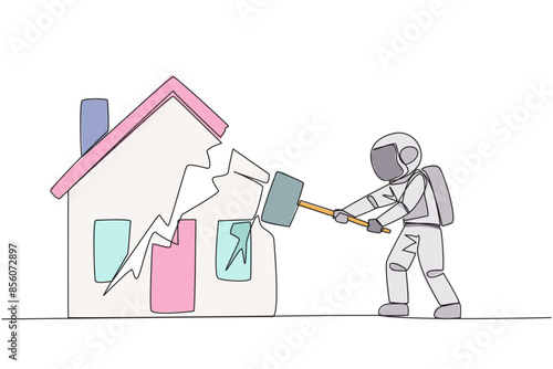 Single one line drawing young astronaut preparing to hit the miniature house. Metaphor of house as collateral for payment. Fails. Home is gone. Bankrupt. Continuous line design graphic illustration