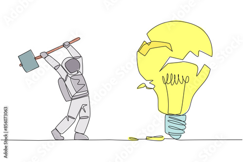 Continuous one line drawing young astronaut preparing to hit a big lightbulb. The thrashing anger. Failed to secure a brilliant business idea. Destruction. Single line draw design vector illustration