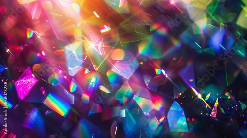 Defocused, vibrant rainbow crystal light leaks dance on a black canvas, creating an abstract retro film illusion with bokeh, lens flares, and vintage prism hues.