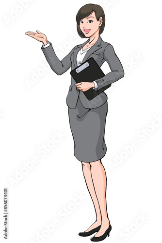 笑顔でご案内するスーツ姿の若い女性_斜め横