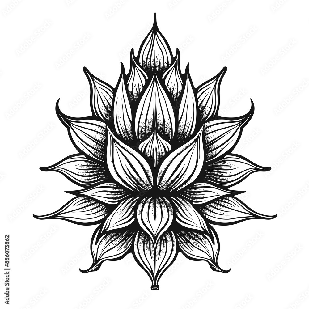 Fototapeta premium beautiful lotus flower on a white background black and white vector illustration in tattoo style